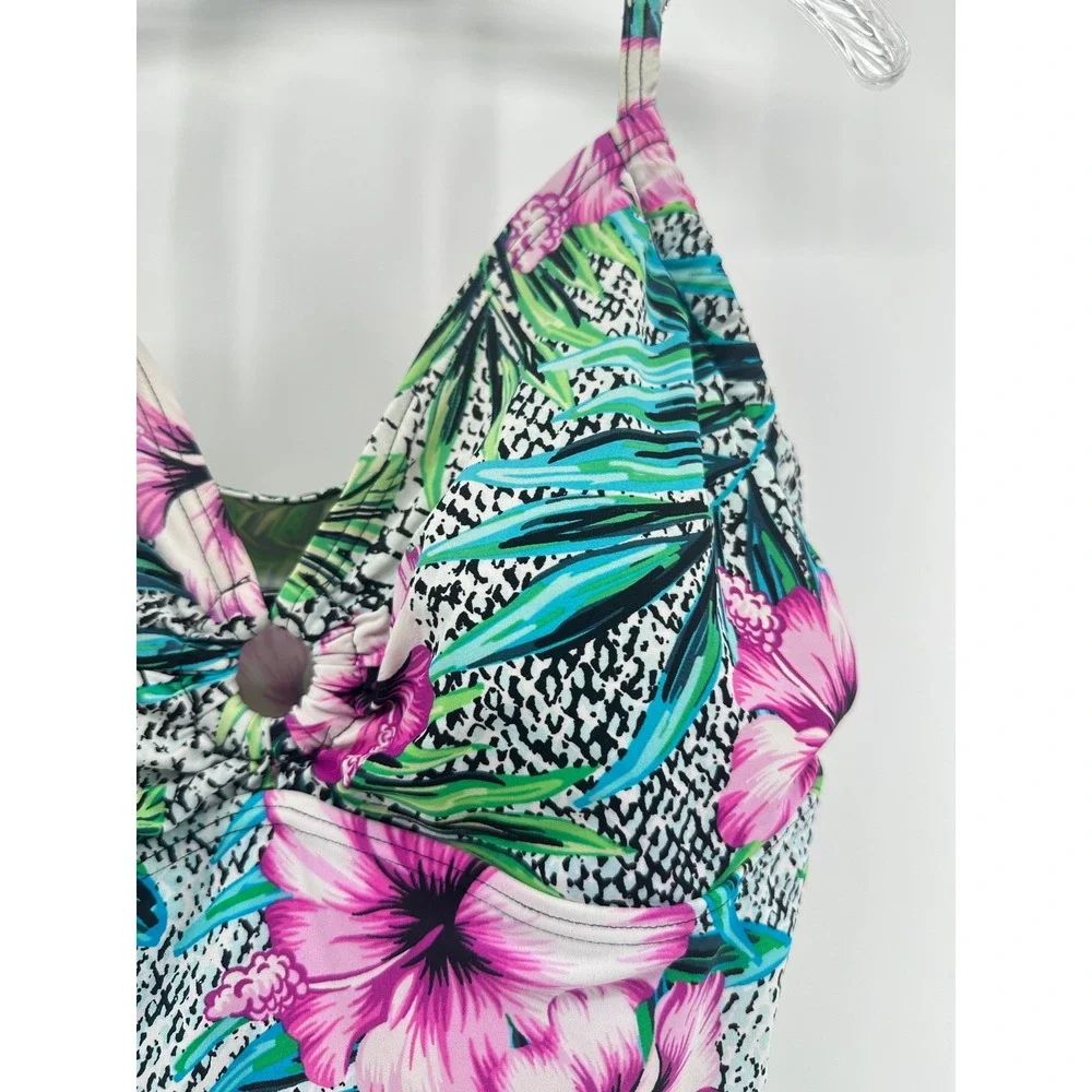 St Johns Bay Womens Floral Tropical Animal Print Tankini Swim Top Pink Green 16